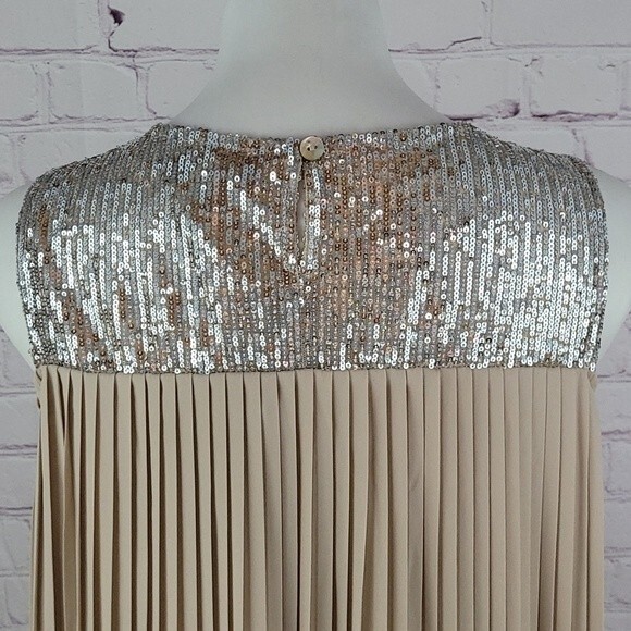 Magari Taupe Pleated Sleeveless Dress with Sequins Top. Size Large. - Picture 7 of 13